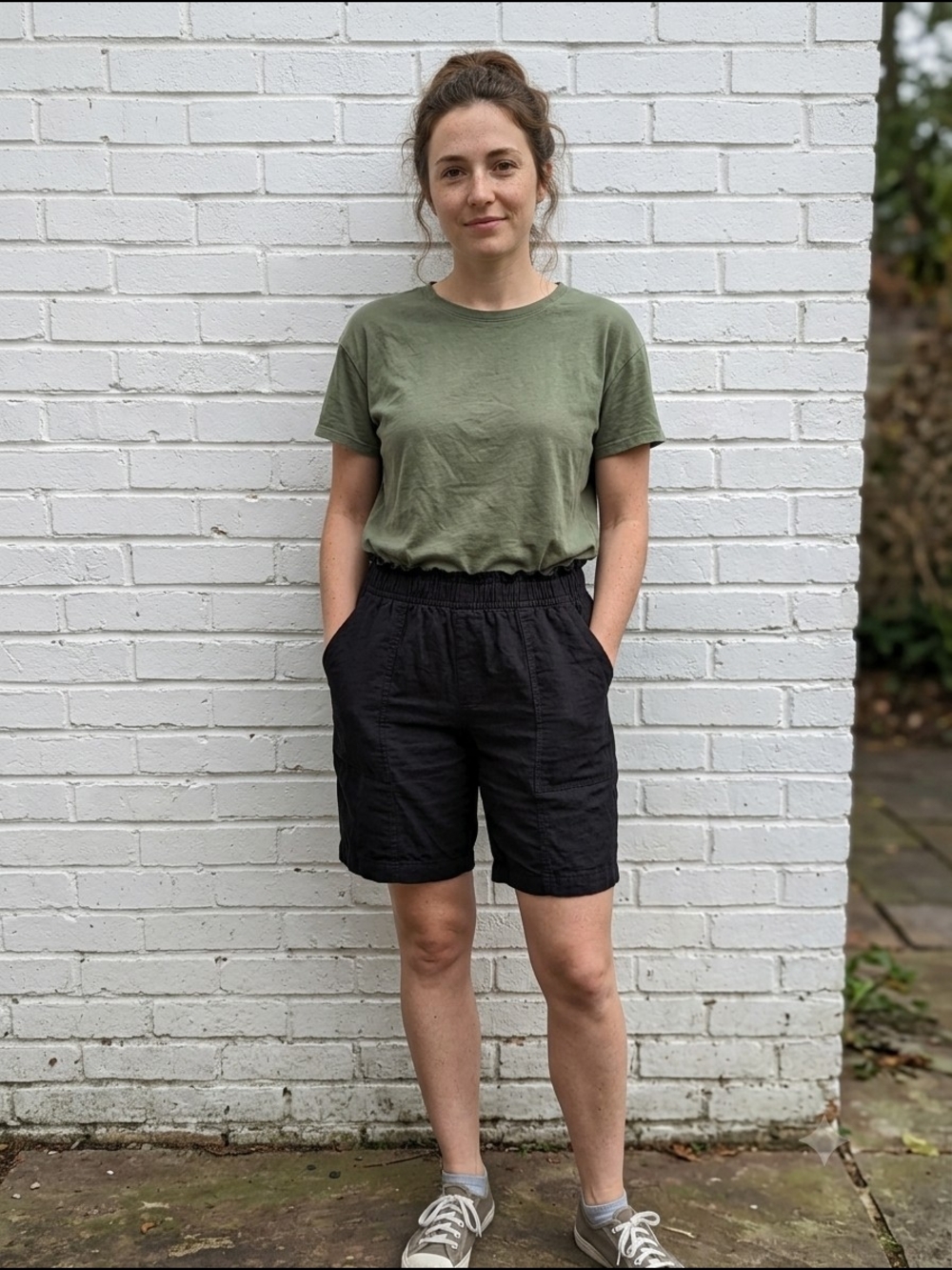 Old Navy Womens High Rise Straight Taper Linen Black Elastic-Waist Shorts